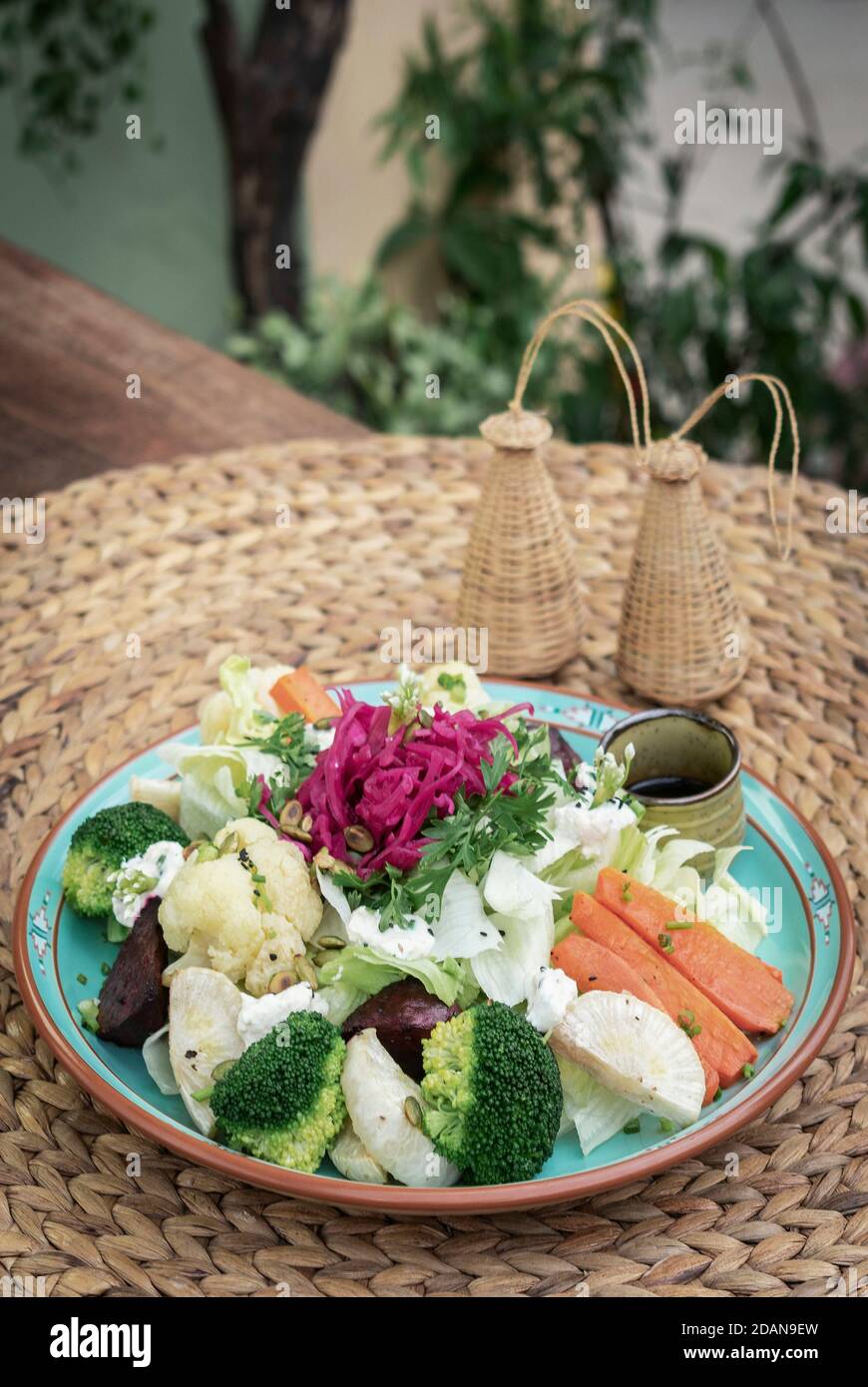 Rustikaler Hüttensalat mit gesundem, gedünstetem und frischem Gemüse Auf buntem Teller im Garten Stockfoto