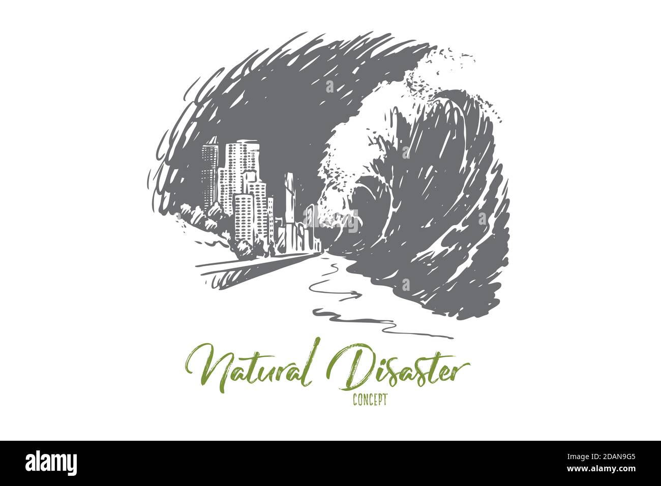 Tsunami, Gefahr, Welle, Katastrophe, Meer, Erdbeben Konzept. Von Hand gezeichneter isolierter Vektor. Stock Vektor