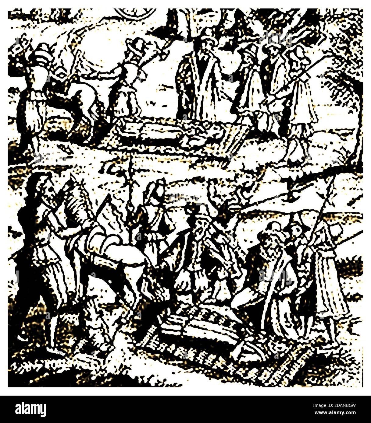 Ein mittelalterlicher englischer Stich, der verurteilte Kriminelle zeigt, die auf gewebten Weidenhürden, gezogen von Pferden, durch die Straßen zum Galgen gezogen werden Stockfoto