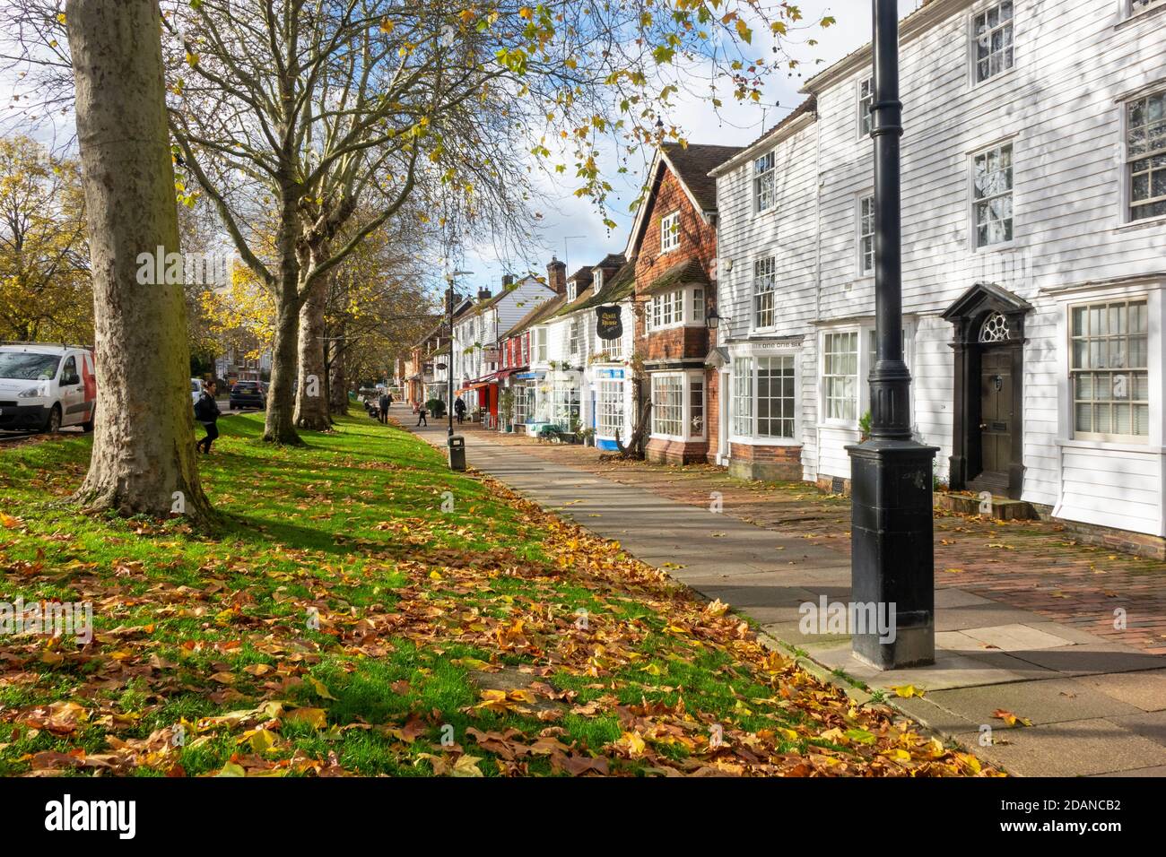Herbstlaub auf dem malerischen, von Bäumen gesäumten breiten Bürgersteig der Tenterden High Street mit eleganten Geschäften und Cafés, Kent, Großbritannien Stockfoto