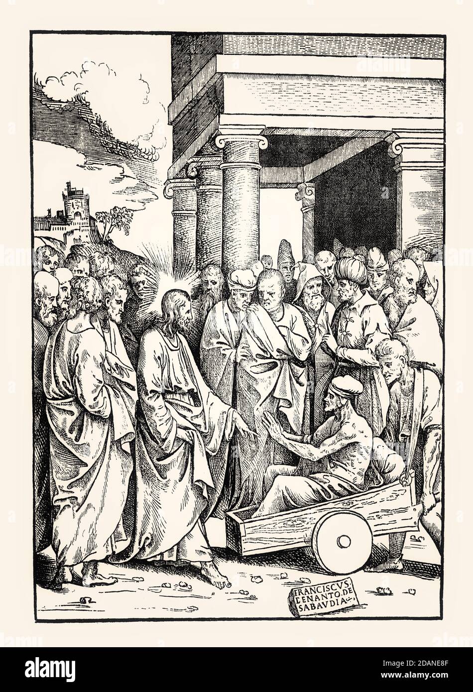 Heilung des Gelähmten in Kapernaum, 16. Jahrhundert, von Francesco Denanto, nach Girolamo da Treviso, Faksimile des 19. Jahrhunderts Stockfoto