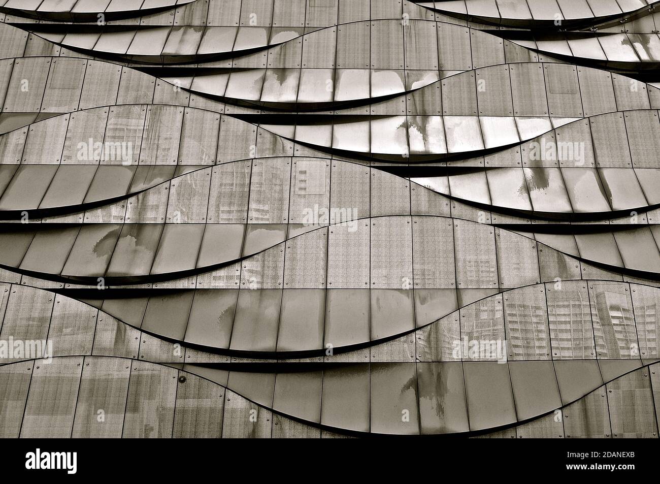 Schwarz-Weiß-Bild von Fenstern mit modernem Design und geschwungenem Welleneffekt. Stockfoto
