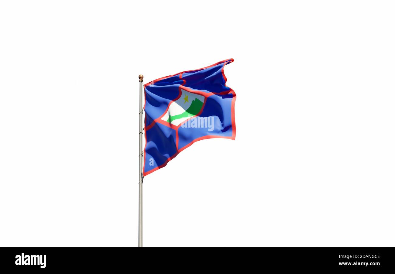 Schöne Nationalflagge von Sint Eustatius flattert am Himmel Hintergrund. Nahaufnahme mit Sint Eustatius Flag 3D-Grafik. Stockfoto