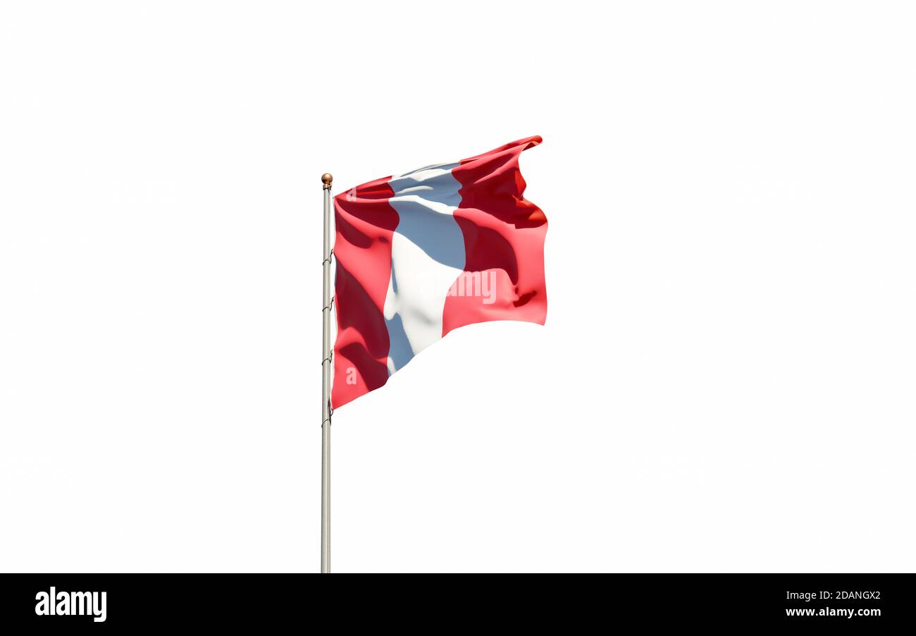 Schöne Nationalflagge von Peru flattert am Himmel Hintergrund. Nahaufnahme mit niedrigem Winkel, Peru-Flagge, 3D-Grafik. Stockfoto