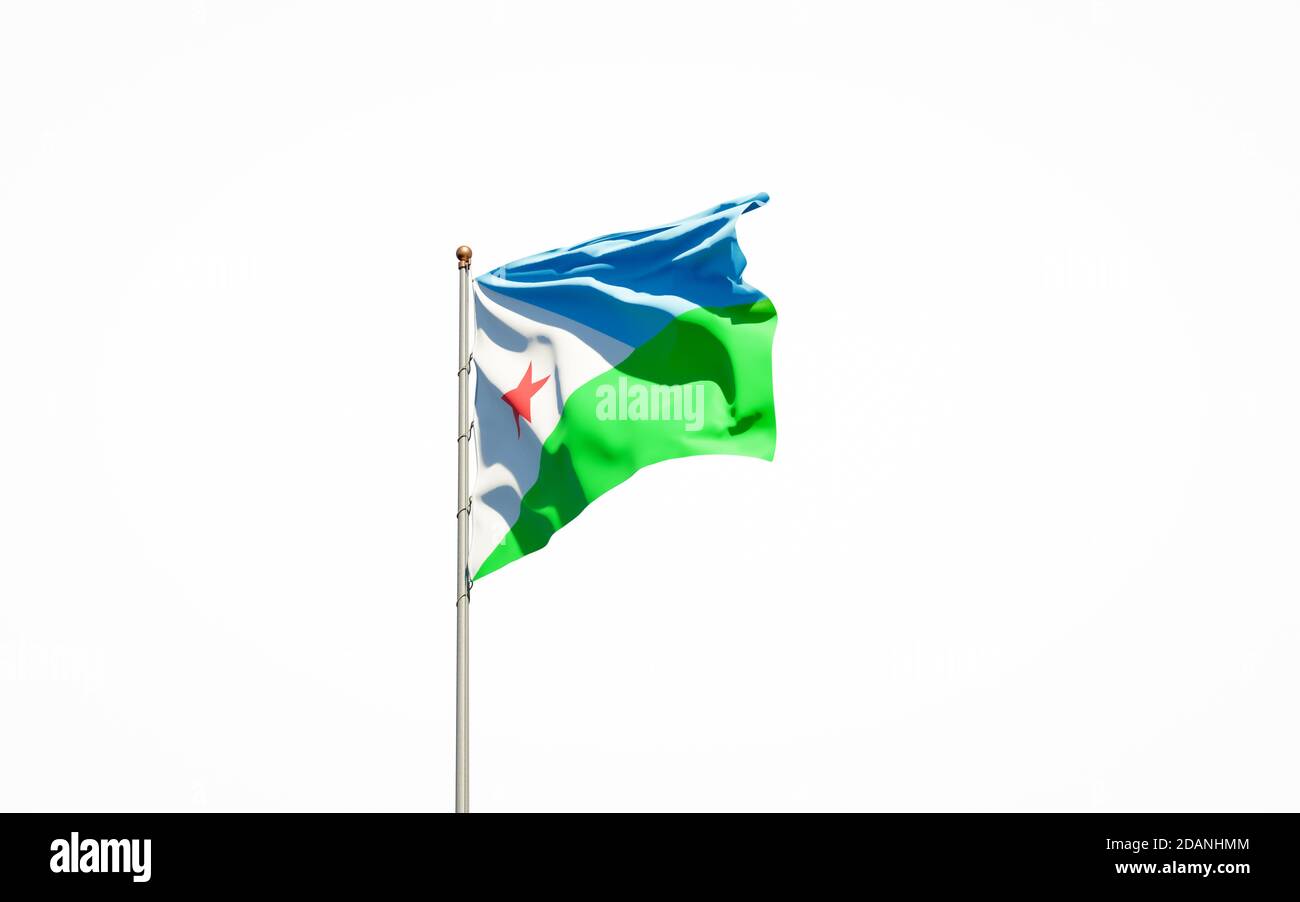 Schöne Nationalflagge von Dschibuti auf weißem Hintergrund. Isolierte Nahaufnahme Djibouti Flagge 3D-Kunstwerk. Stockfoto