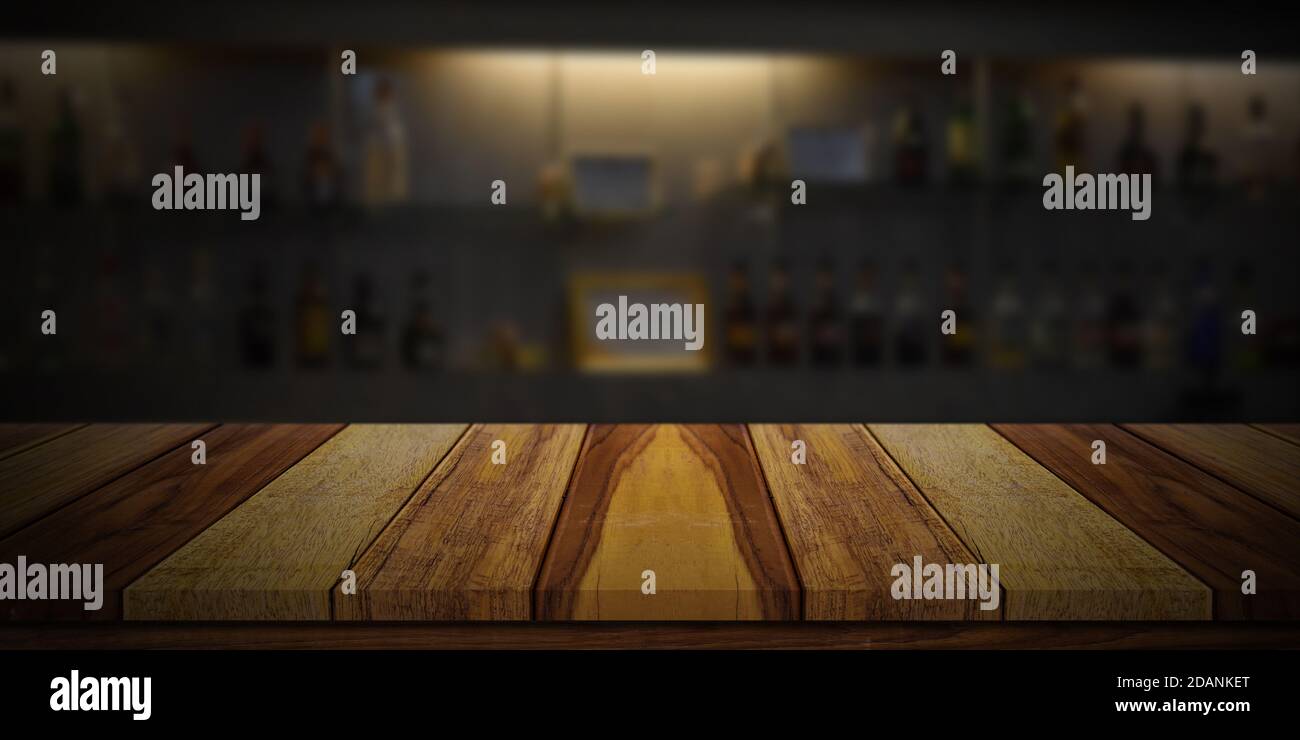 Leere Holz Tischplatte oder Zähler über verschwommen Getränke Bar Hintergrund. Stockfoto