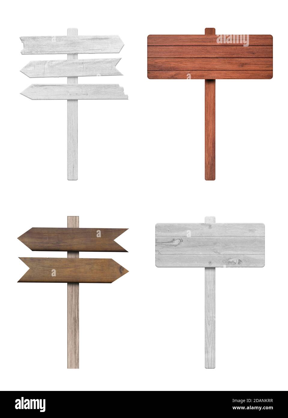 4 verschiedene Holzschild isoliert auf weißem Hintergrund. Objekt mit Beschneidungspfad. Stockfoto