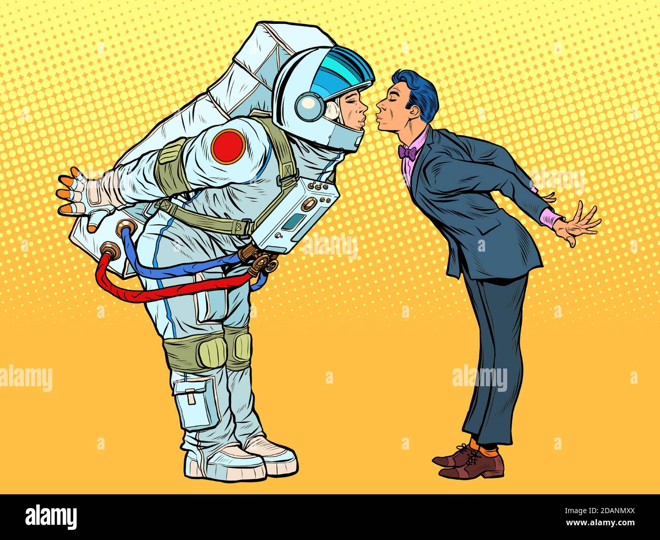 Astronaut Frau oder Mann für einen Kuss mit der vorbereitet Bräutigam Stock Vektor