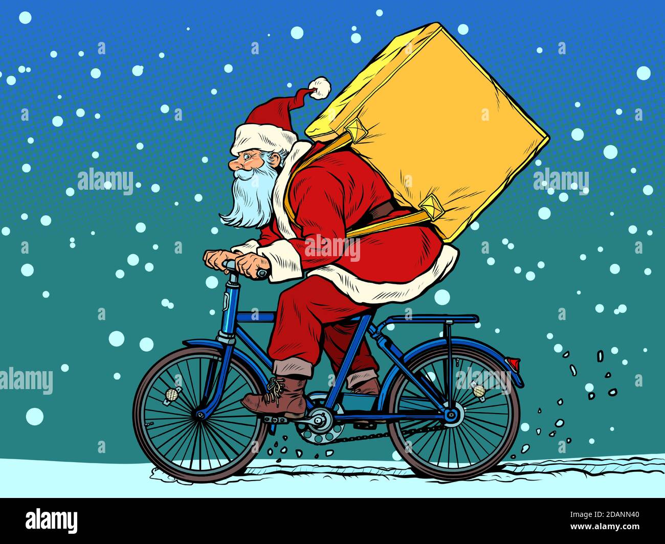 Weihnachtslieferung von Geschenken und Einkäufen. Weihnachtsmann Kurier auf einem Fahrrad Stock Vektor