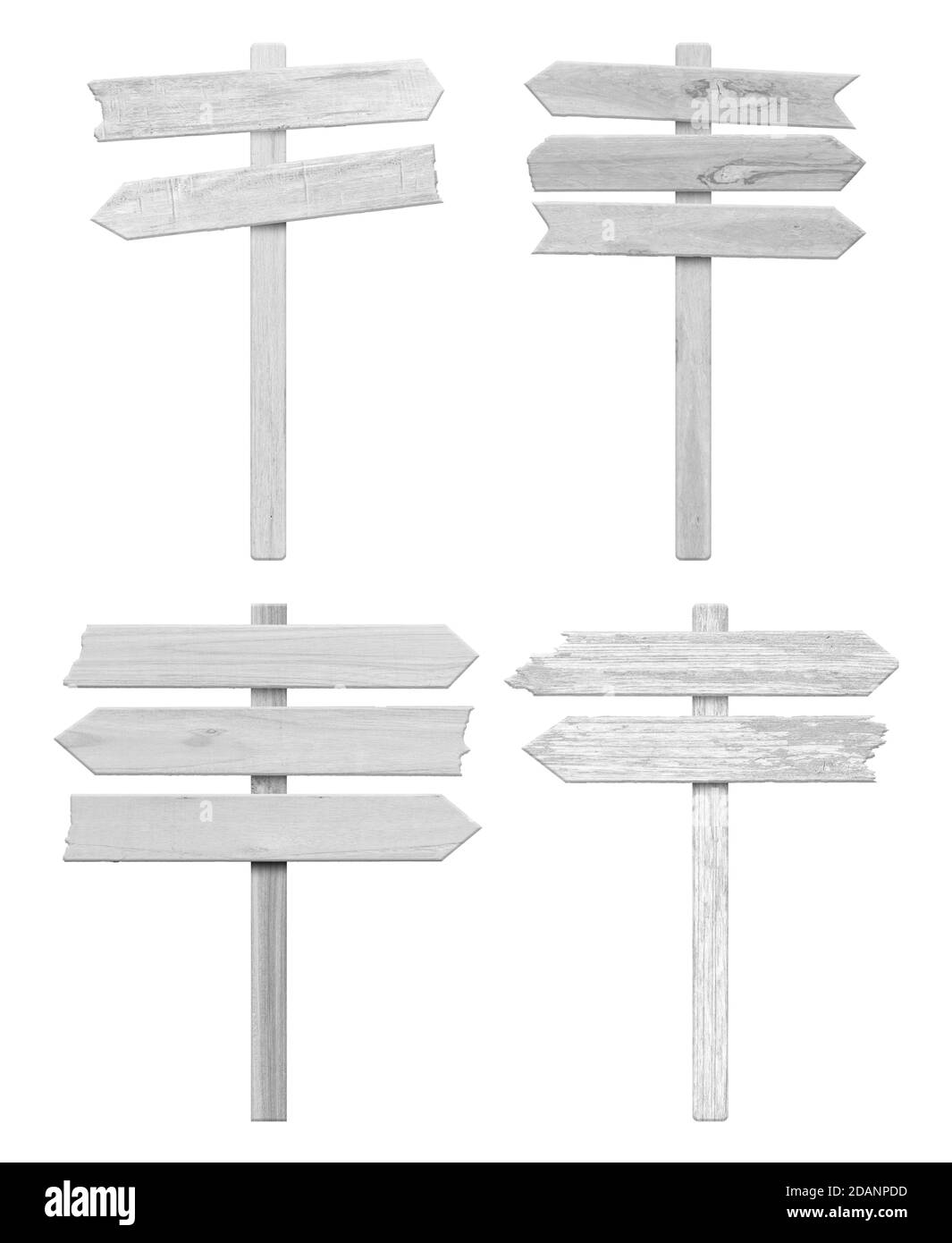 4 weiße Holz Pfeilschild isoliert auf weißem Hintergrund. Objekt mit Beschneidungspfad. Stockfoto 4 weiße Holz Pfeilschild isoliert auf weißem Hintergrund. Objekt mit Beschneidungspfad. Stockfoto
