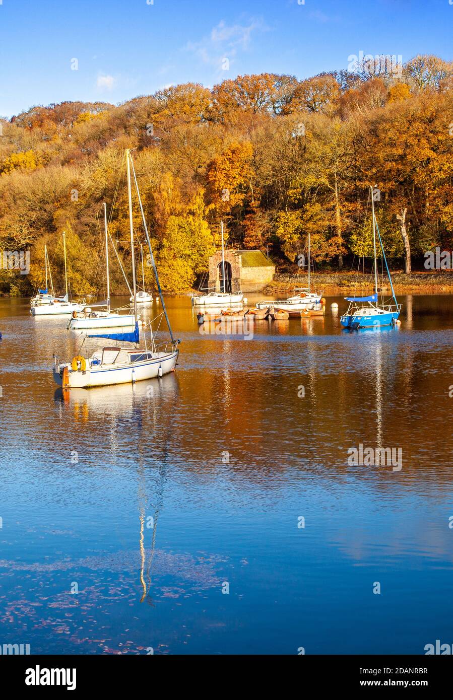 Rudyard Lake Reservoir in den Staffordshire Moorlands in der Nähe von Leek gesehen Mit Segelbooten, die in den Herbstfarben festgemacht sind Die Waldbäume Stockfoto
