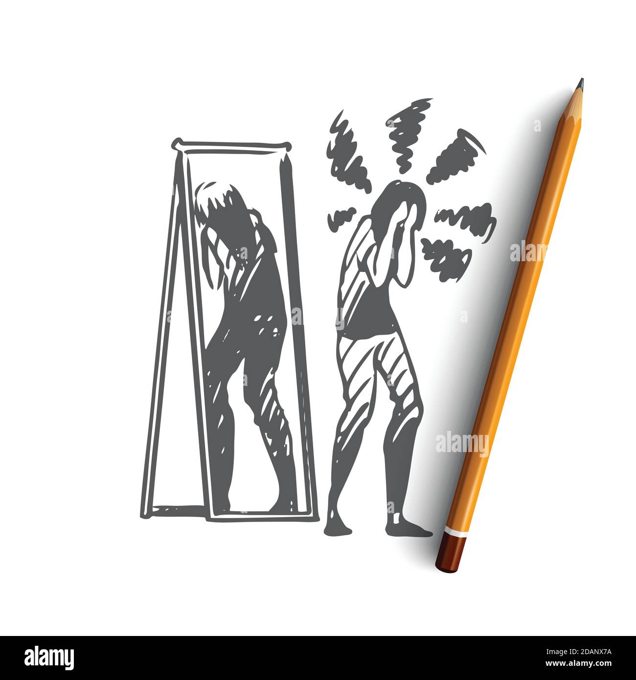 Spiegel, Frau, Reflexion, Minderwertigkeit, komplexes Konzept. Von Hand gezeichneter isolierter Vektor. Stock Vektor