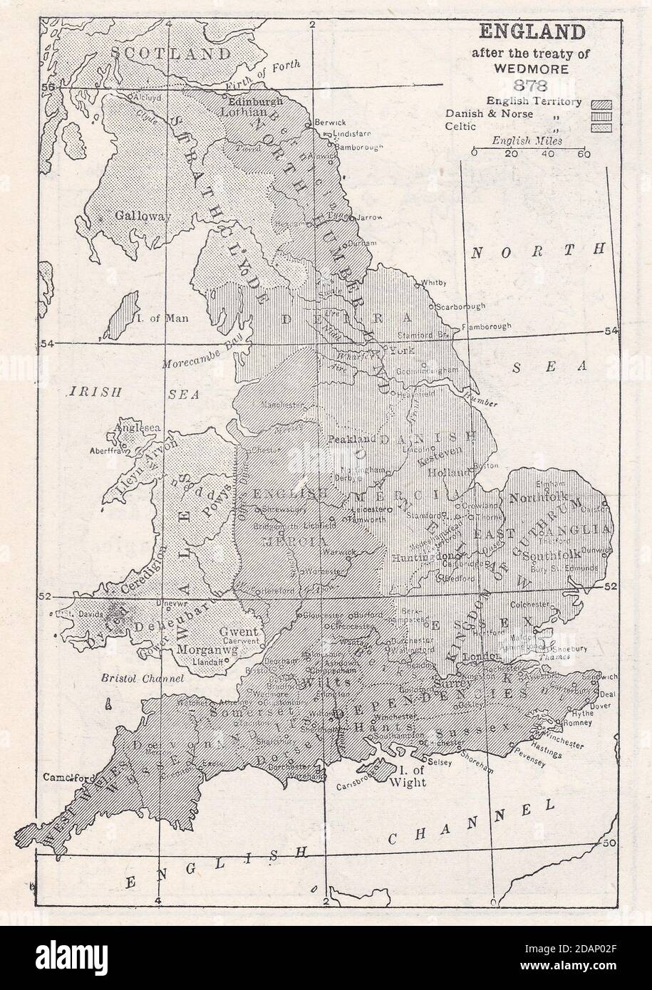 Vintage-Karte von England nach dem Vertrag von Wedmore 878, englisches Territorium. Stockfoto