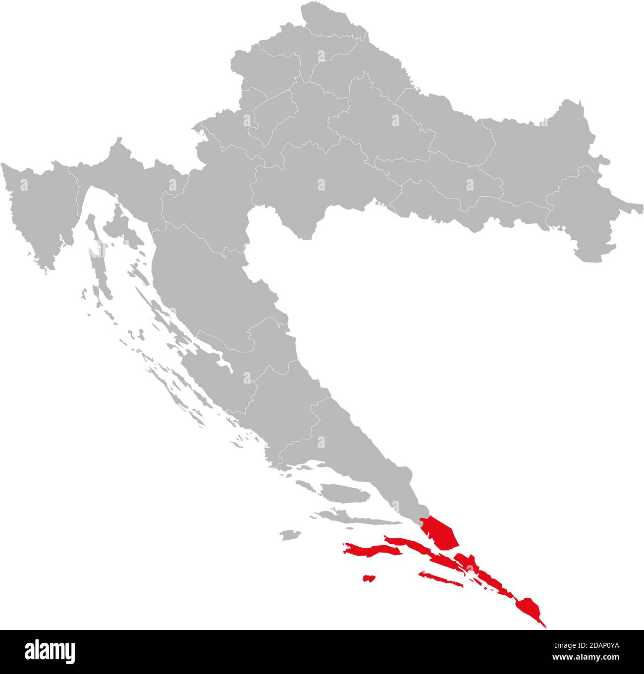Dubrovnik Grafschaft auf Kroatien Karte hervorgehoben. Hellgrauer Hintergrund. Perfekt für Geschäftskonzepte, Hintergründe, Hintergrund, Aufkleber, Diagramm, Präsentation Stock Vektor