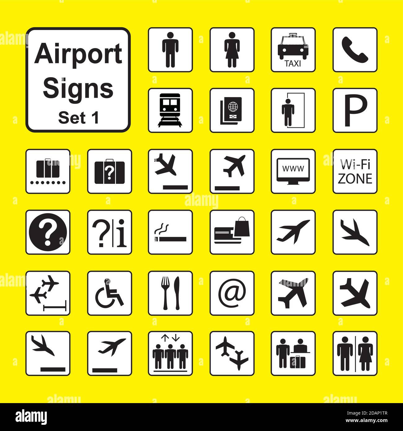 Satz von Flughafen-Symbolen oder -Schildern, schwarze und weiße Piktogramme isolieren Stock Vektor
