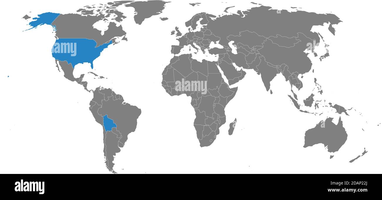 Bolivien, USA Länder isoliert auf der Weltkarte. Hellgrauer Hintergrund. Geschäftskonzepte, diplomatische, Handels- und Verkehrsbeziehungen. Stock Vektor