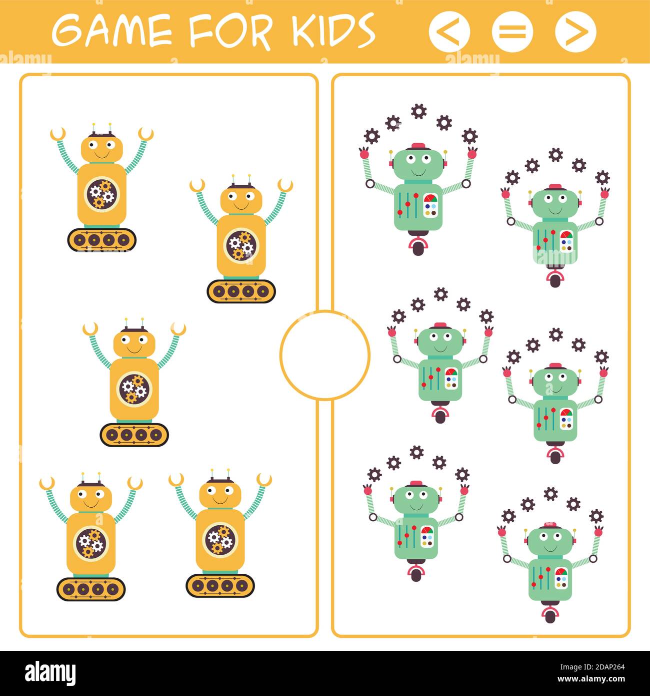 Bildung Logik-Spiel für Vorschulkinder.Cartoon lustige Roboter Stock Vektor