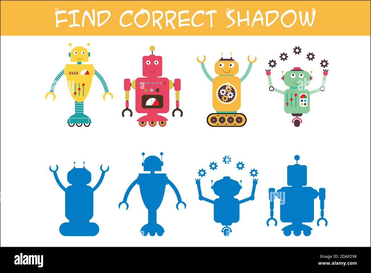 Kinder Spiel mit Robotern, finden richtige Schatten, Template-Seite Stock Vektor