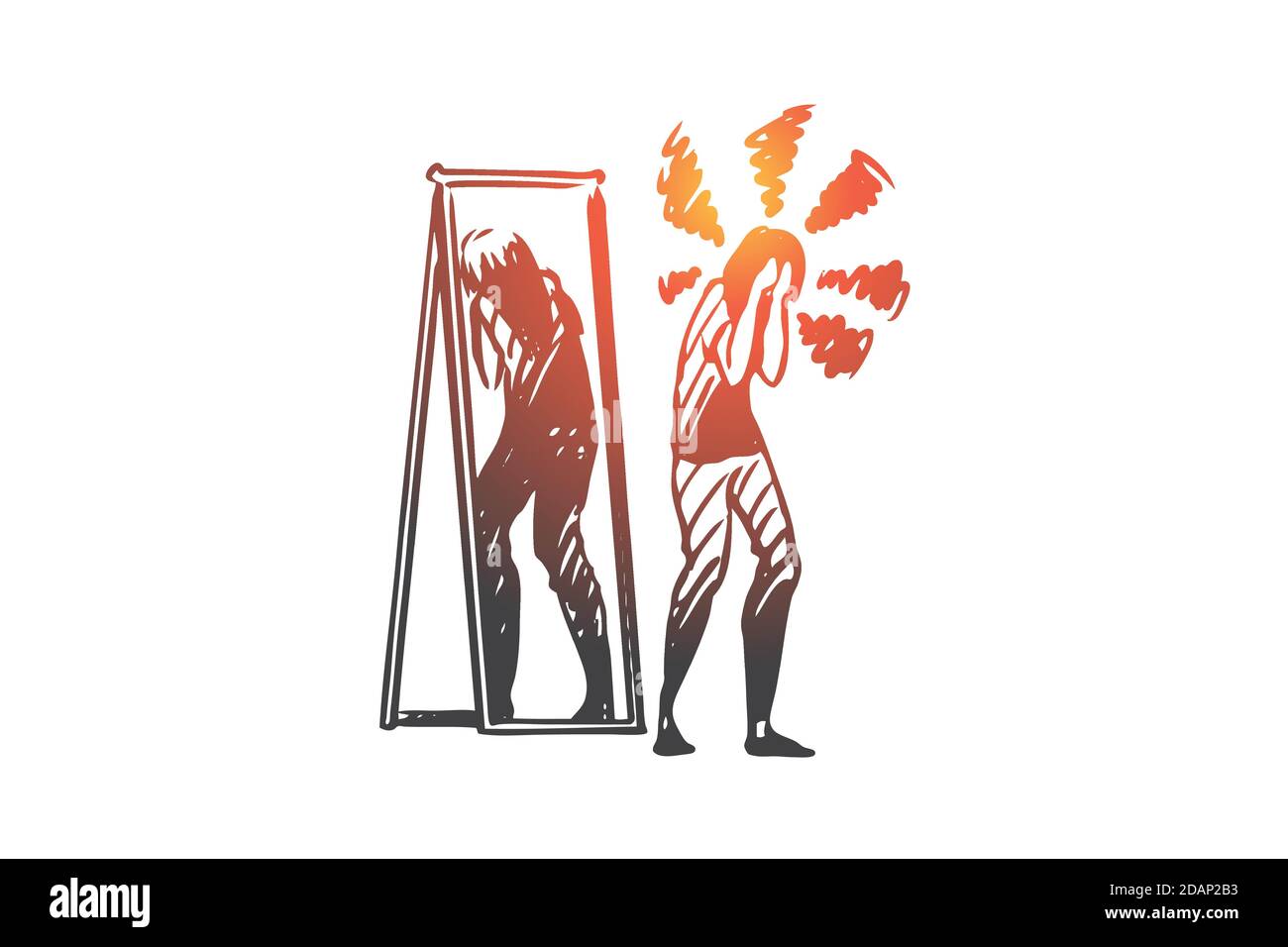 Spiegel, Frau, Reflexion, Minderwertigkeit, komplexes Konzept. Von Hand gezeichneter isolierter Vektor. Stock Vektor