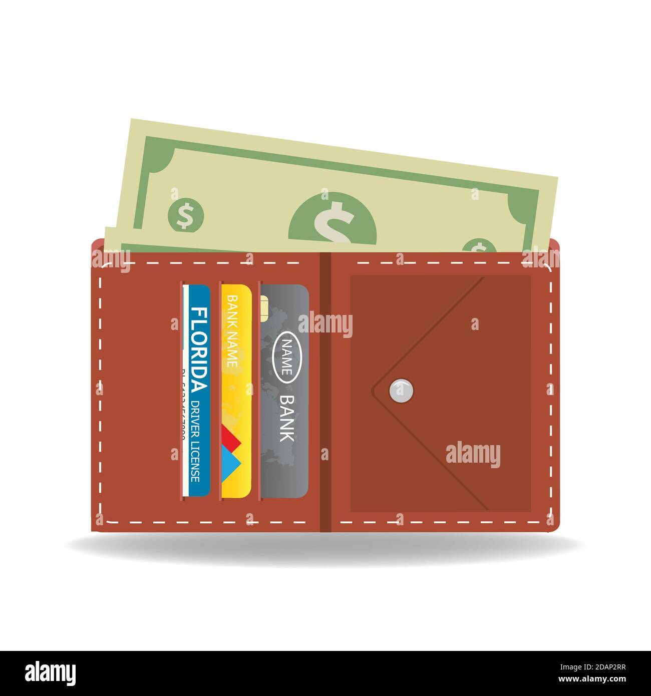 Geldbörse mit Geld, Kreditkarten und Führerschein, isoliert auf wh Stock Vektor