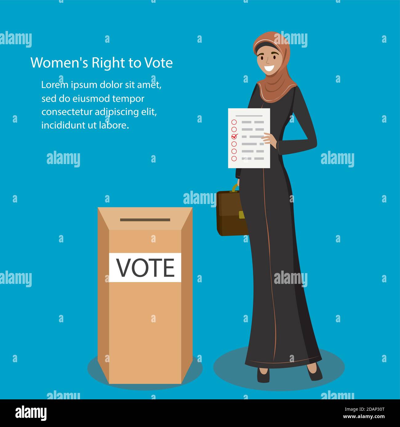 Arabisch weiblich mit Stimmzettel und Wahlurne, Frauenrechte Co Stock Vektor