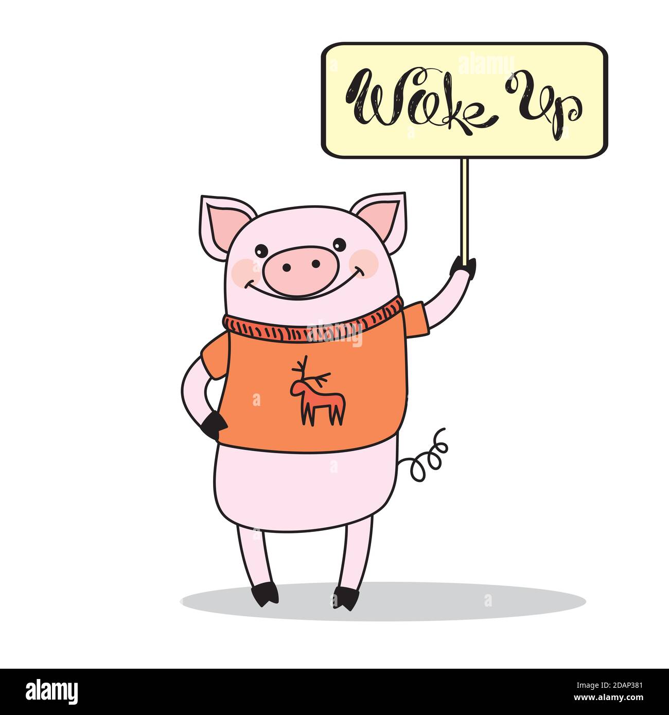 Lustiges Schwein in einem Pullover gekleidet hält ein Schild mit Eine Inschrift Stock Vektor