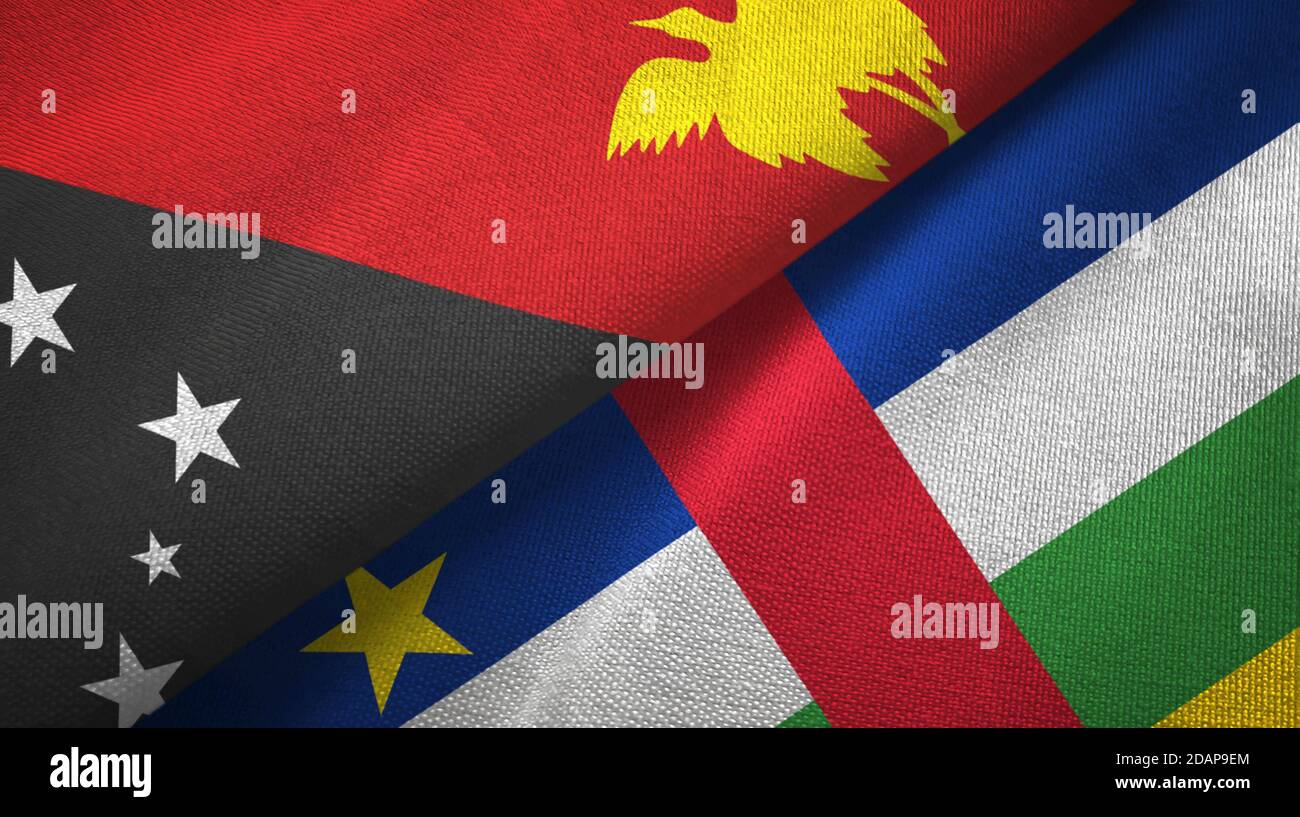 Papua-Neuguinea und Zentralafrikanische Republik zwei Flaggen Textil Stoffstruktur Stockfoto
