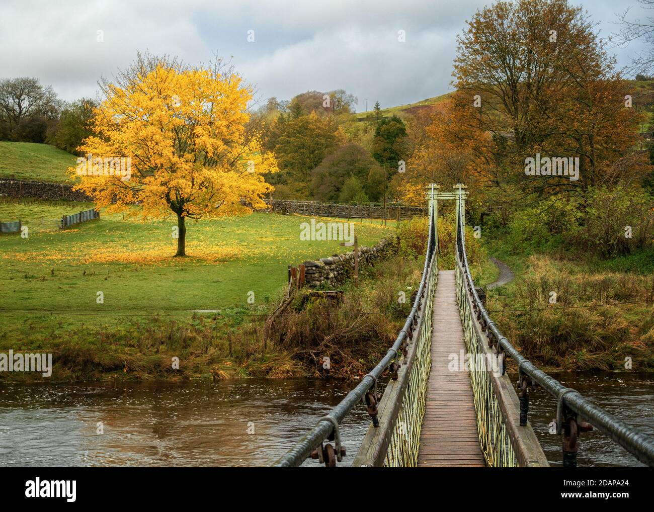 Die Hebden Hängebrücke auf dem Dales Way über den Fluss Wharfe im Herbst, Yorkshire Dales National Park, UK Landschaft Stockfoto