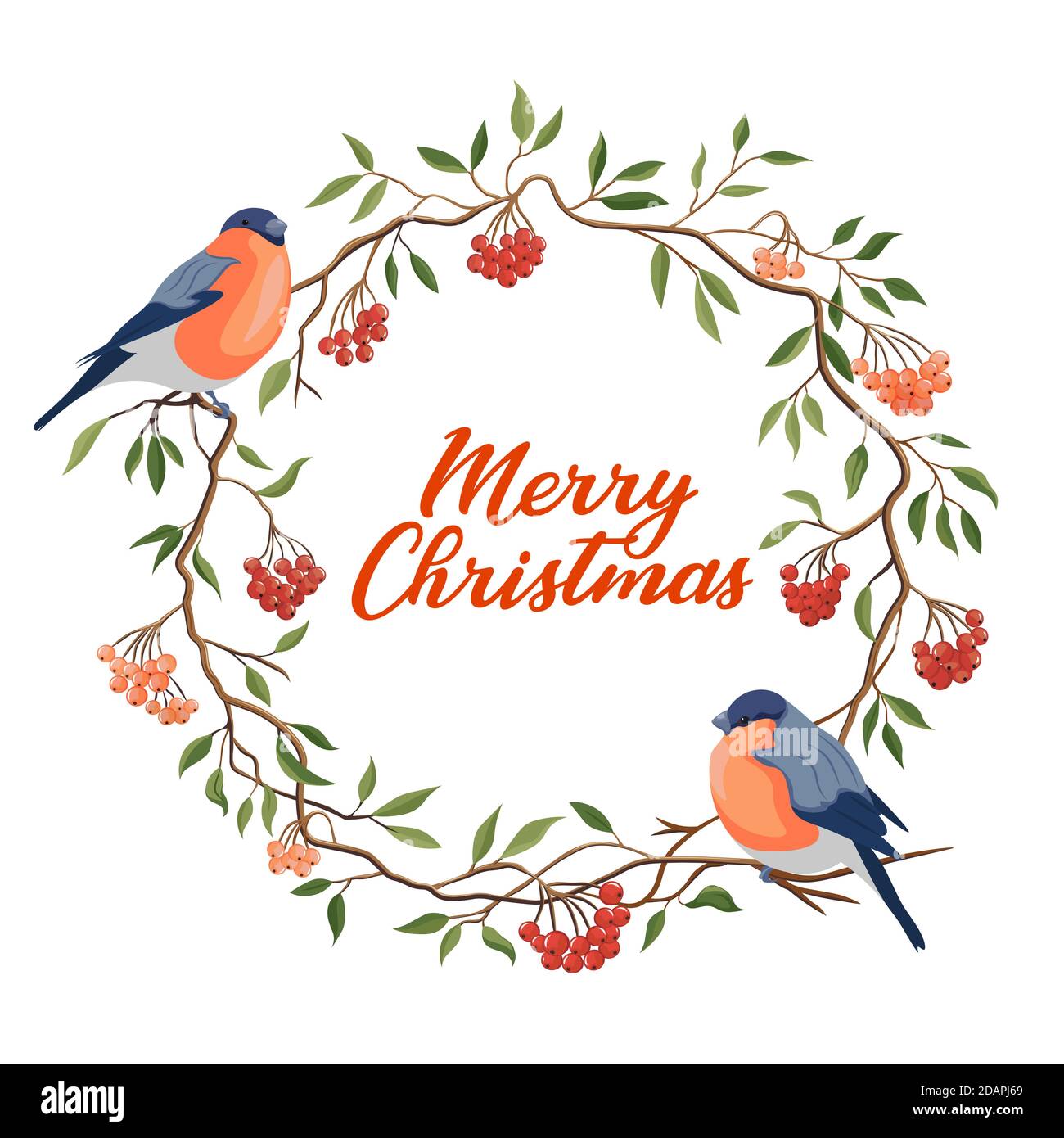 Hand gezeichnet Frohe Weihnachten Typografie in Eberesche Winterkranz mit Bullfinken Banner. Feier Text mit Beeren und Blätter für Postkarte, Symbol Stock Vektor