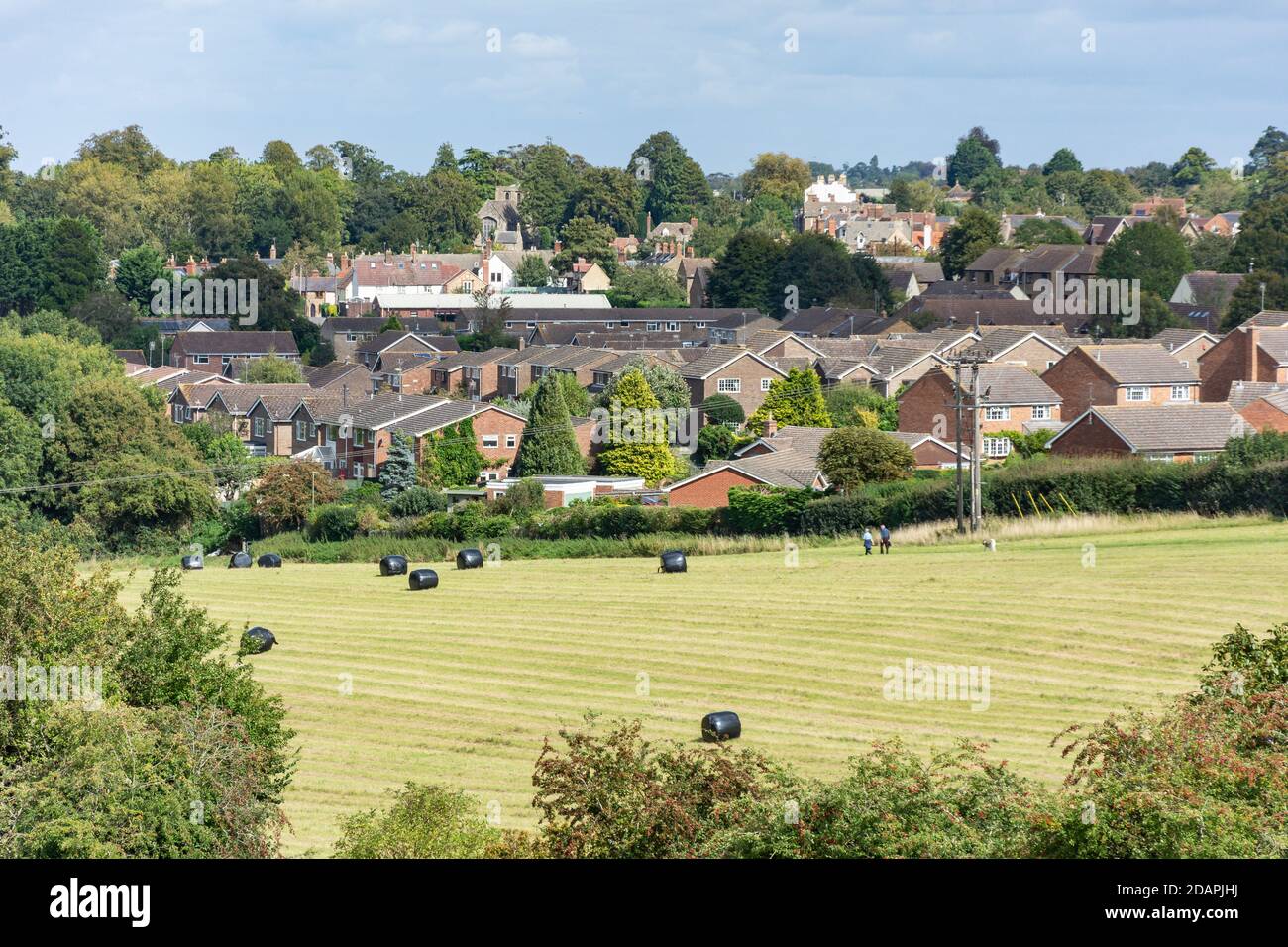Blick auf die Stadt über Felder, Faringdon, Oxfordshire, England, Großbritannien Stockfoto