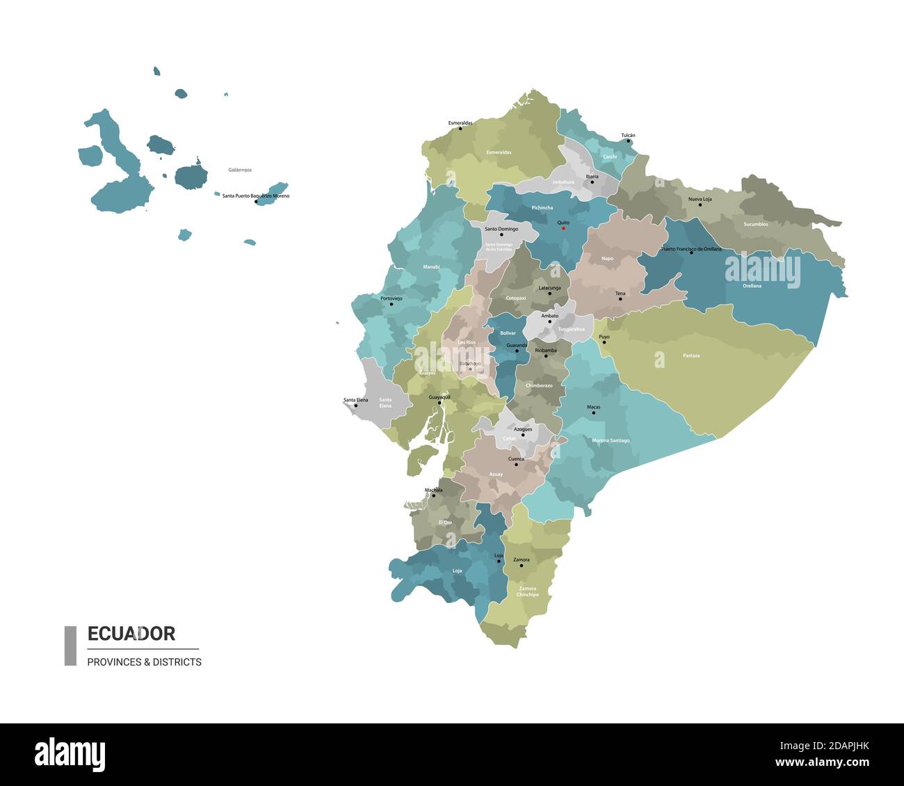 Ecuador hat detaillierte Karte mit Unterteilungen. Verwaltungskarte von Ecuador mit Bezirken und Stadtnamen, farbig nach Bundesstaaten und Verwaltungsbezirken Stock Vektor