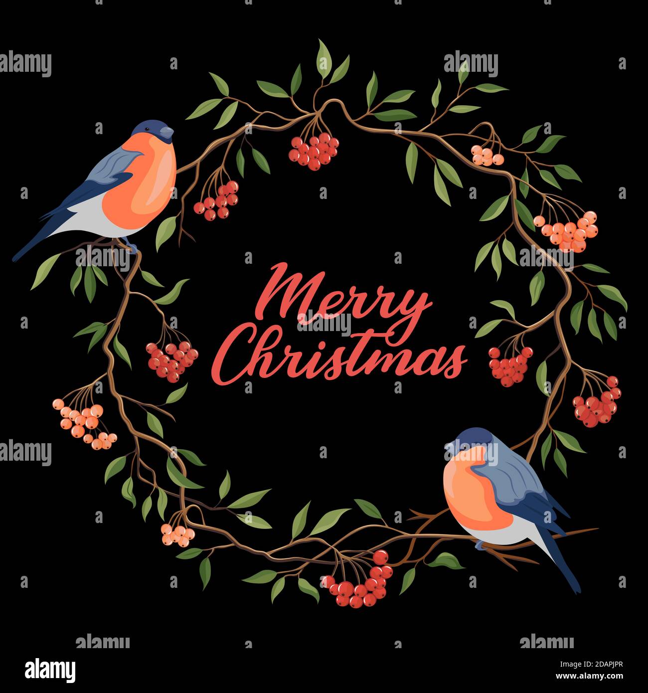 Hand gezeichnet Frohe Weihnachten Typografie in Eberesche Winterkranz mit Bullfinken Banner. Feier Text mit Beeren und Blätter für Postkarte, Symbol Stock Vektor