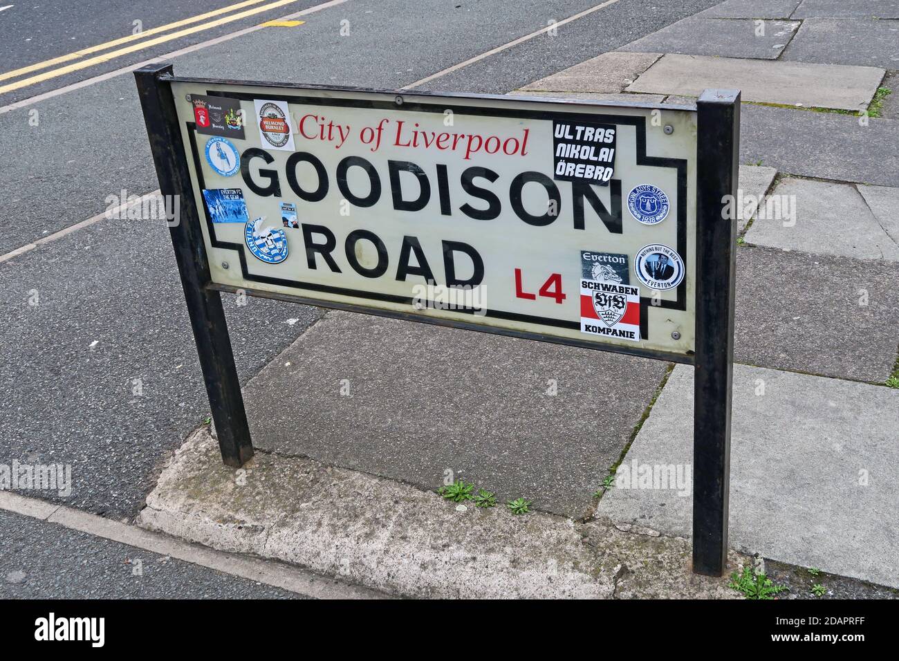 Goodison Road Schild, Goodison Park, Everton Football Club, Walton, Liverpool, Merseyside, England, Großbritannien, L4 4LE Stockfoto