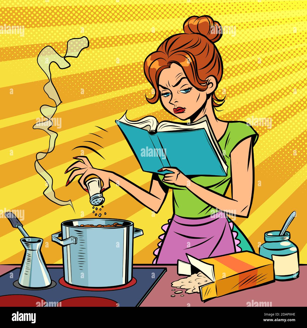 Eine Frau bereitet das Essen mit einem Kochbuch in ihren Händen zu Stock Vektor