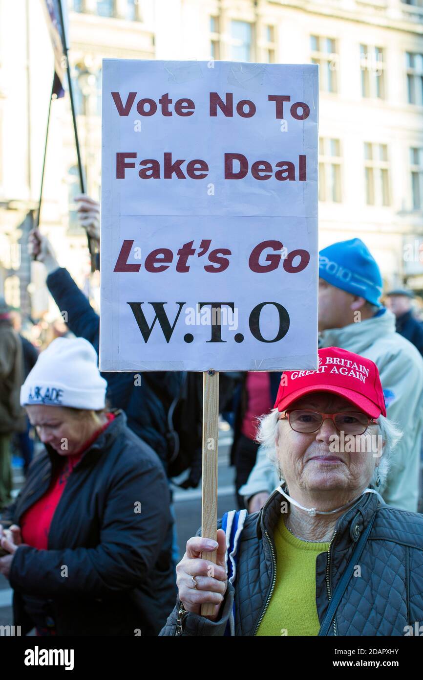Frau mit Schild lässt WTO beim Brexit-Verrat-Marsch in London, Großbritannien, gehen Stockfoto