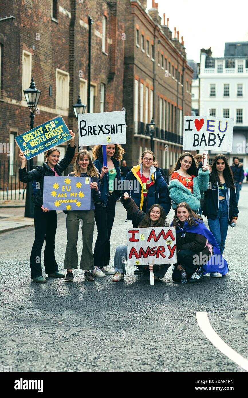 LONDON, Großbritannien - Gruppe von Anti-brexit-Demonstranten mit Plakaten während der Anti-Brexit-Proteste am 23. März 2019 in London. Stockfoto