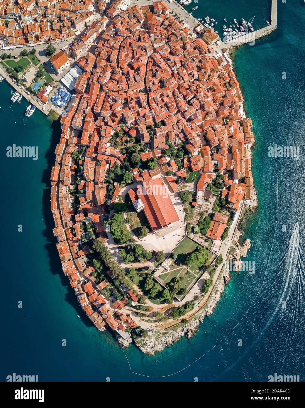 Luftaufnahme, Rovinj Altstadt mit der Kirche St. Euphemia von oben, Kroatien Stockfoto