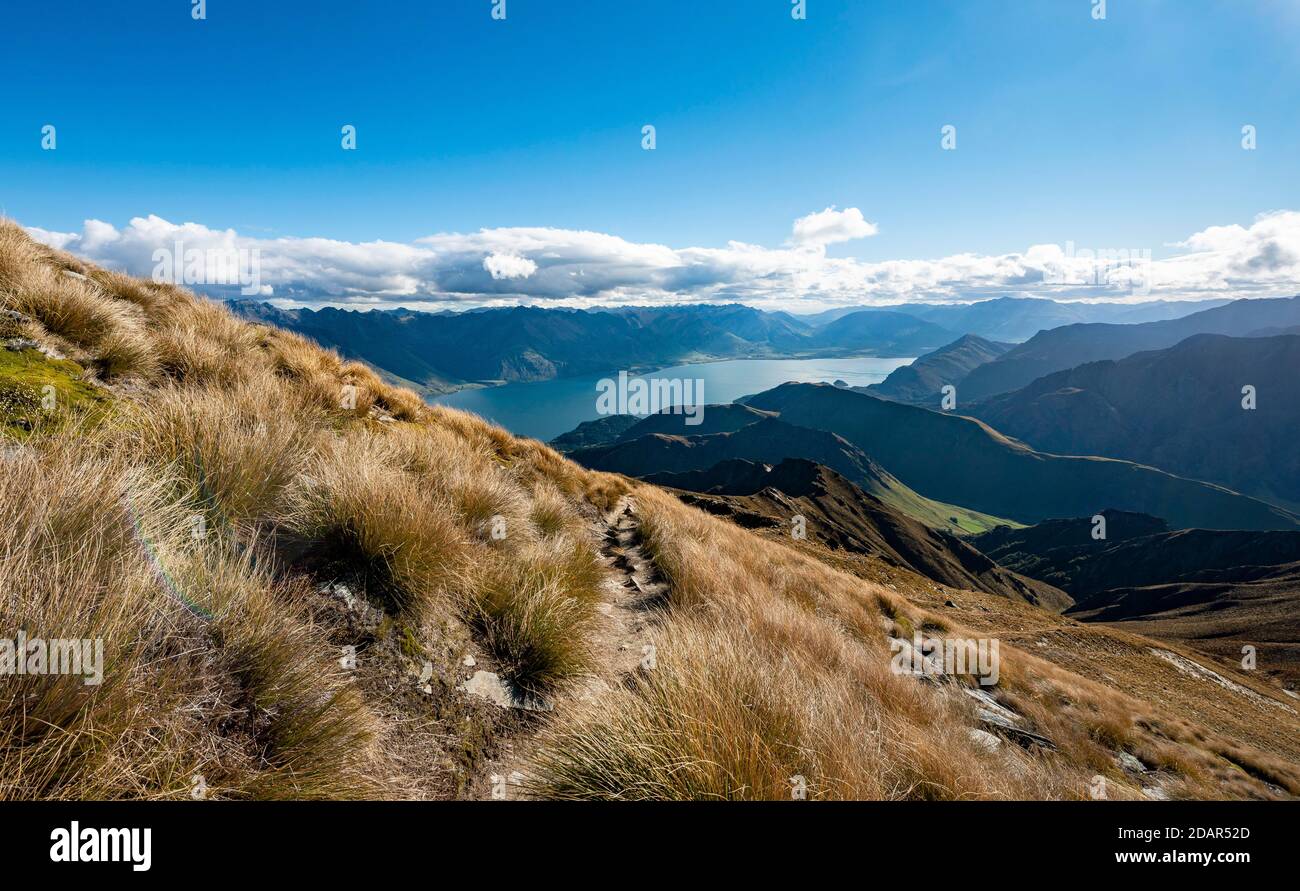 Blick auf Lake Wakatipu, Ben Lomond Wanderweg, Southern Alps, Otago, South Island, Neuseeland Stockfoto