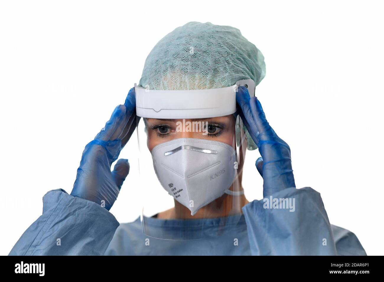 Krankenschwester, medizinisches Personal überarbeitet, Gesten, Hände über den Kopf, Koronakrise, Baden-Württemberg, Deutschland Stockfoto