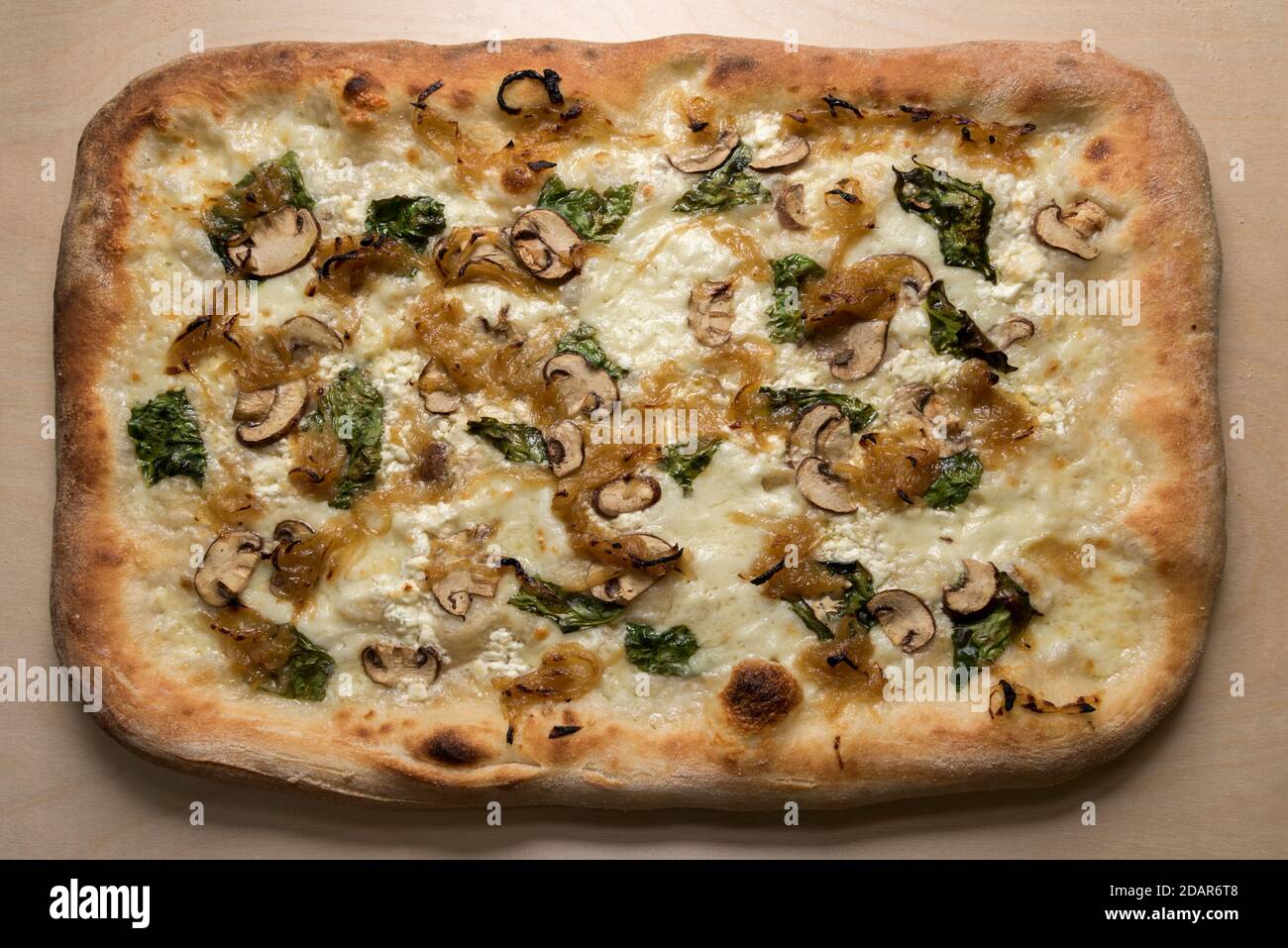 Italienische quadratische Pizza mit Pilzen, Mozzarella, gekochten Zwiebeln und Basilikumblättern, Draufsicht auf Holzhintergrund vor dem Schneiden Stockfoto