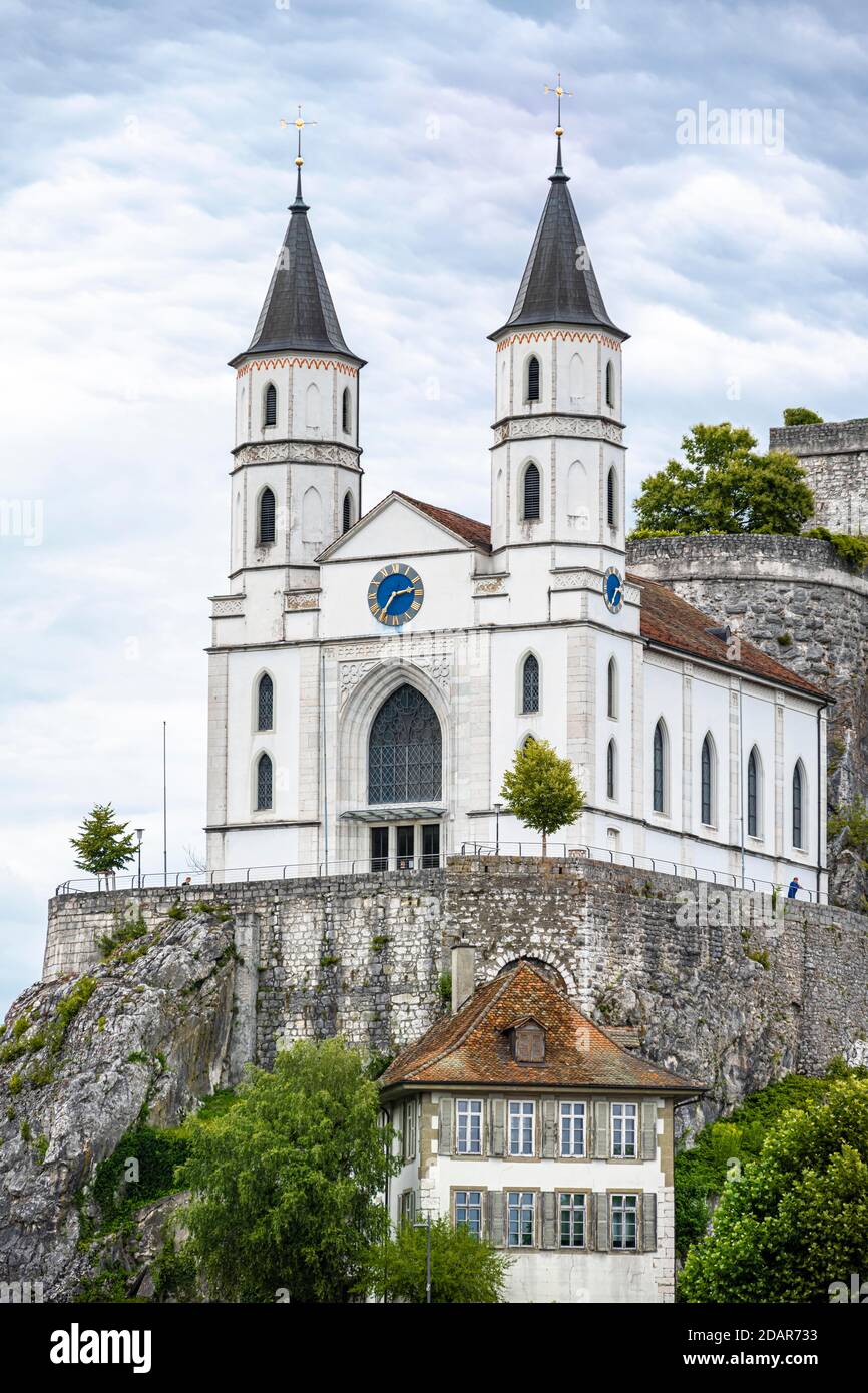 Blick auf die Stadt, Aarburg Festung, Aarburg Reformierte Kirche, Aarburg, Zofingen, Kanton Aargau, Schweiz Stockfoto