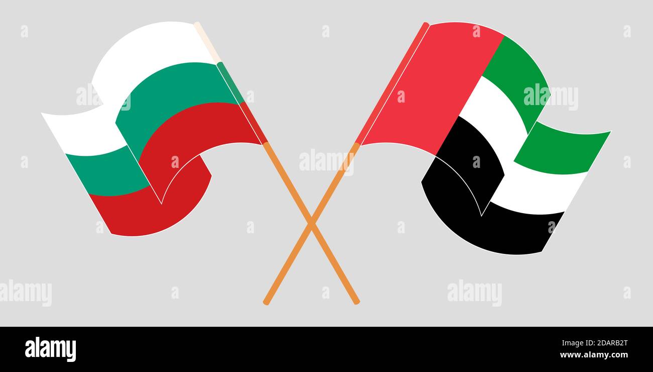Gekreuzte und winkende Flaggen von Bulgarien und den Vereinigten Arabischen Emiraten. Vektorgrafik Stock Vektor