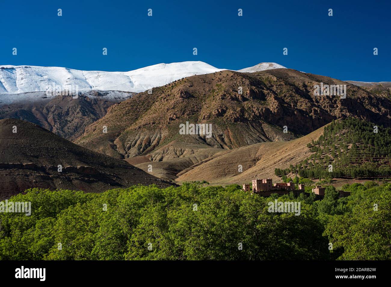 Berglandschaft mit schneebedeckten Berg, im Vordergrund Kasbah, Lehmburg der Berber, Tigremt, Ait Bouguemez Tal, Tabant, hoch Stockfoto