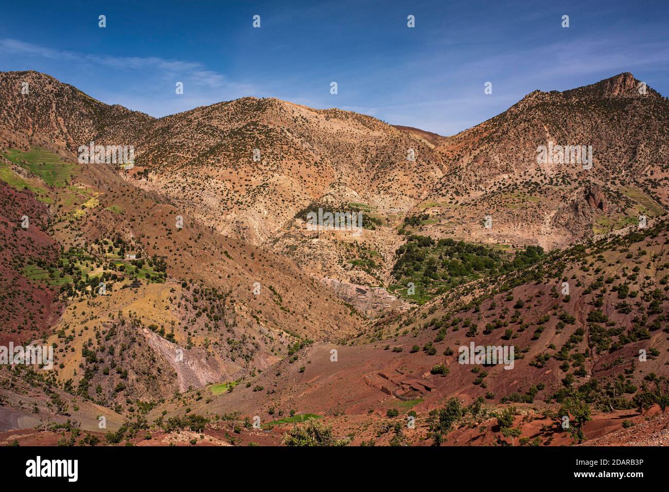 Berglandschaft mit spärlicher Vegetation im Hohen Atlas, Marokko Stockfoto