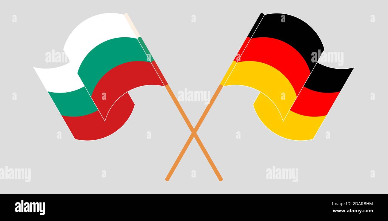 Gekreuzte und winkende Flaggen von Bulgarien und Deutschland. Vektorgrafik Stock Vektor