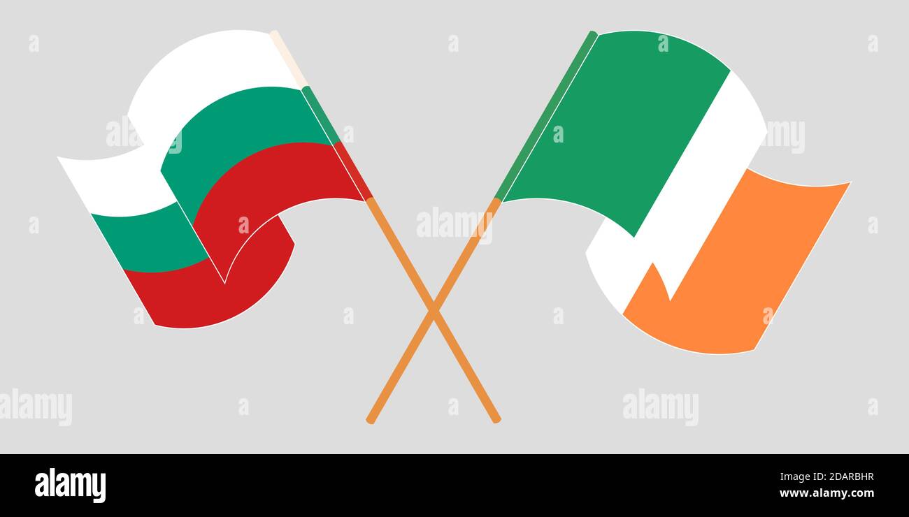 Gekreuzte und winkende Flaggen von Bulgarien und Irland. Vektorgrafik Stock Vektor