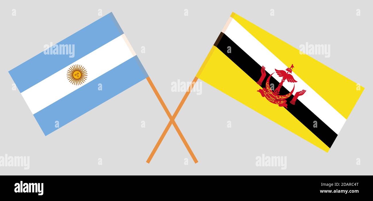 Gekreuzte Flaggen von Brunei und Argentinien. Offizielle Farben. Korrektes Verhältnis. Vektorgrafik Stock Vektor