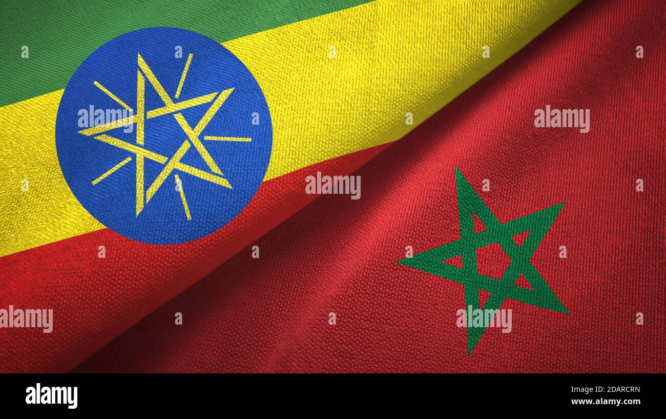Äthiopien und Marokko zwei Flaggen Textiltuch, Stoff Textur Stockfoto