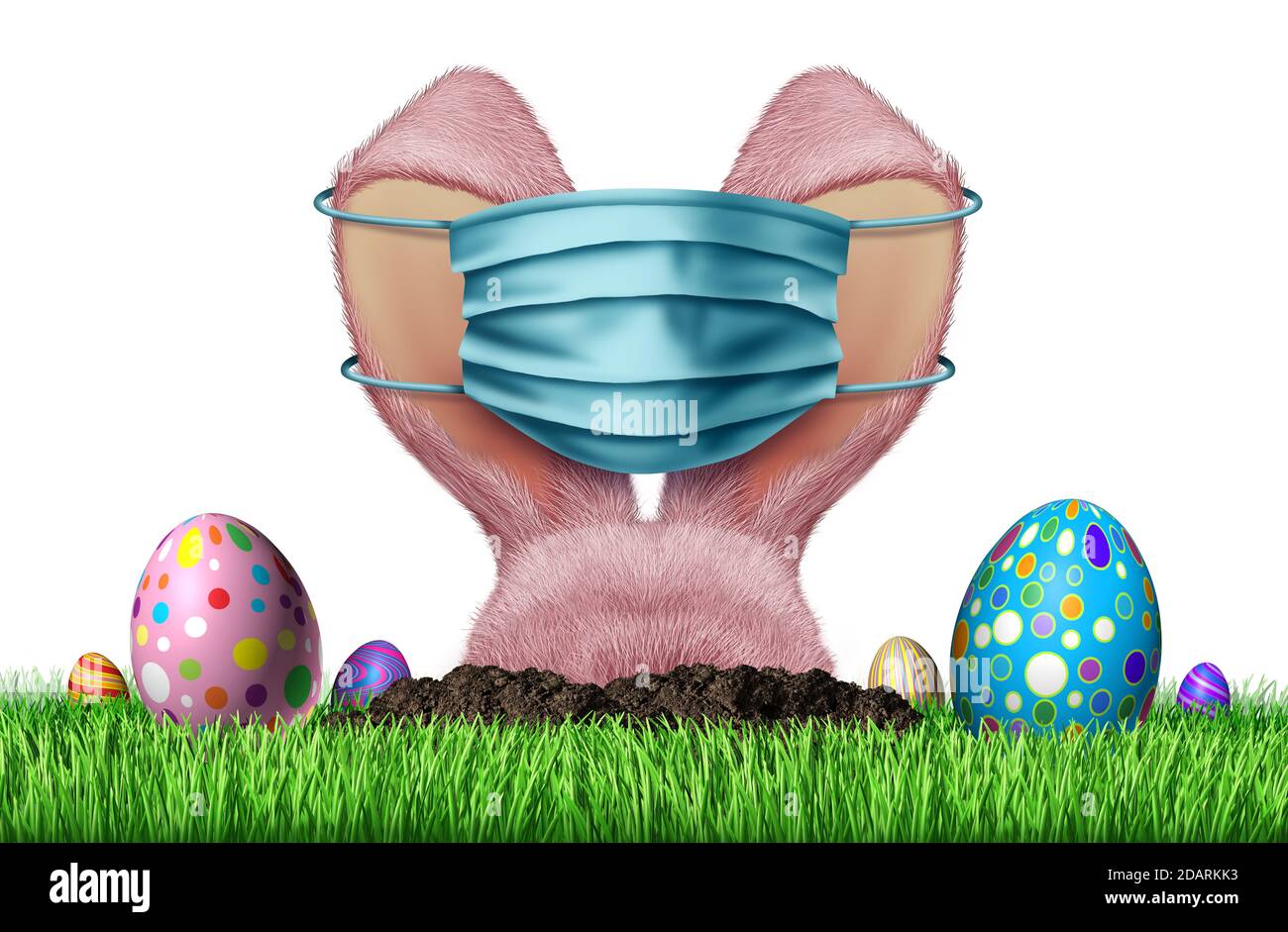 Ostern Gesichtsmaske und Frühling Saison Gesundheit als saisonales Zeichen mit einem Hasen Kaninchen und dekorierten Ei trägt eine medizinische Gesichtsmaske. Stockfoto