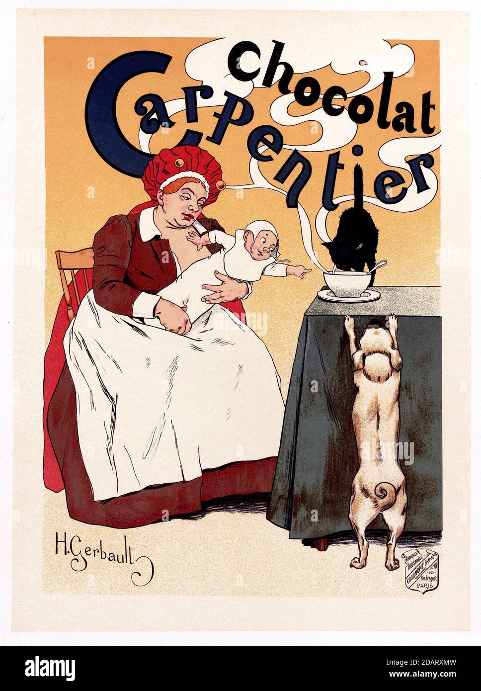 1895 Ca , Paris , FRANKREICH : der französische Maler und Illustrator HENRY GERBAULT ( Henri , 1863 - 1930 ) . War der Neffe des berühmten Dichters Sully Prudhomme. Illustration aus einer Bell Epoque Plakat Werbung für CHOCOLAT CARPENTIER . - KUNST - ARTI VISIVE - ARTE - Francia - PORTRAIT - RITRATTO - GESCHICHTE - FOTO STORICHE - BELLE EPOQUE - incisione - illustrazione - Illustration - ILLUSTRATORE - POSTER PUBBLICITARIO - CIOCCOLATA - CIOCCOLATO - gatto nero - schwarze Katze - Hund - Stock - bebé - Baby - kleine Kinder - Kind - bambino - Bambini - infanzia - Kindheit - Balias - NASSE KRANKENSCHWESTER - NANNY - alle Stockfoto